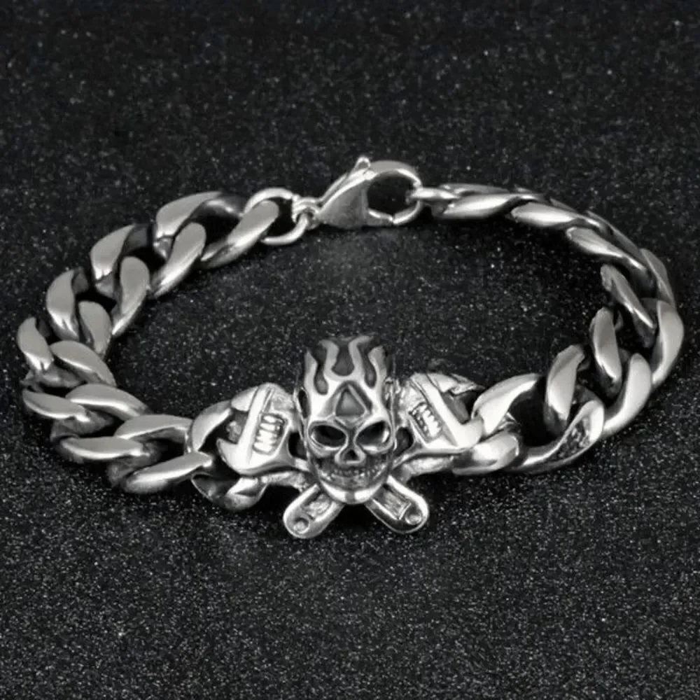 Minimalist Retro Gothic Stainless Steel Flamming Skull Bracelet